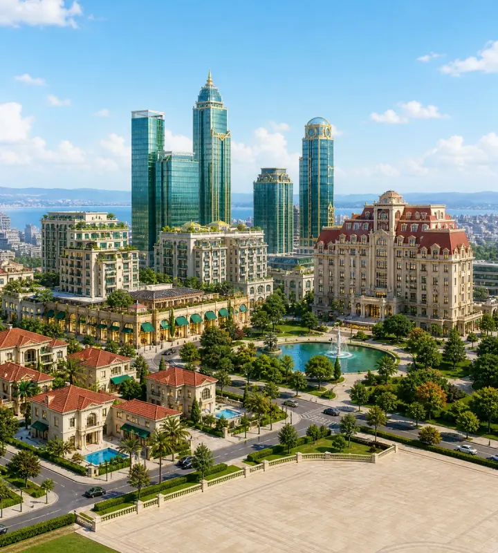Aerial view of a sunny city: villas with red roofs, apartment buildings, a grand hotel and glass towers around a park with a fountain